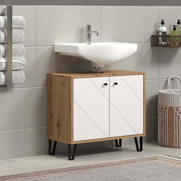 Rootz Washbasin Vanity - Bathroom Cabinet - Storage Unit - Sink Base - Vanity Stand - Bath Organizer - Under-sink Holder - White Matt Lacquer with Art