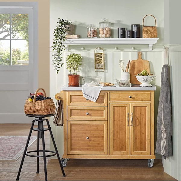 Rootzin keittiön säilytysvaunu - Kitchen Island - Keittiökaappi - Kaappi - Senkki, jossa ruostumattomasta teräksestä valmistettu kansi