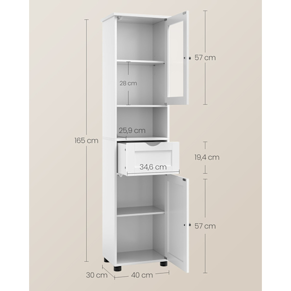 Rootz Badeværelsesskab - Opbevaringshylde - Organizer - Spånplade - Glas - 30cm x 40cm x 165cm - Cloud White - Letvægts - Nem montering