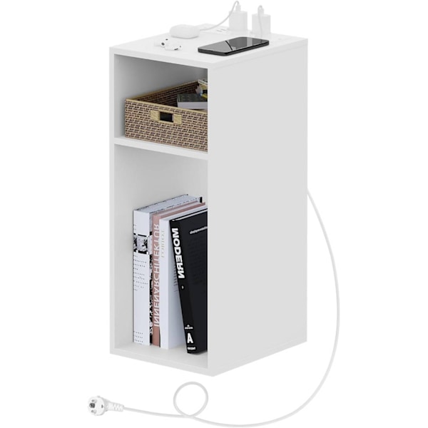 Rootz Sängbord med Power Strip - Litet Nattduksbord - Sovrum Nattbord - E1 Konstruerat trä - 25 x 60 x 30 cm - Vit - Svart - Ljus Ek