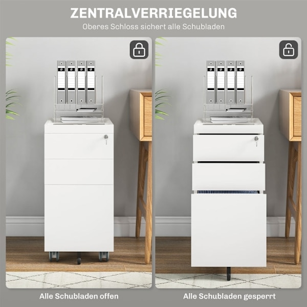 Rootz Mobil skrivebordscontainer - Arkivskab - Rullende kontororganisering - Kompakt opbevaringsløsning - Hvid - Stål - 30 cm x 50 cm x 61 cm