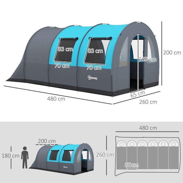 Rootz Camping Teltta enintään 6 hengelle - Perheteltta - Festivaaliteltta - Suurin mukavuus - Vedenpitävä suoja - Kätevä valaistus - 480L x 260W x 200