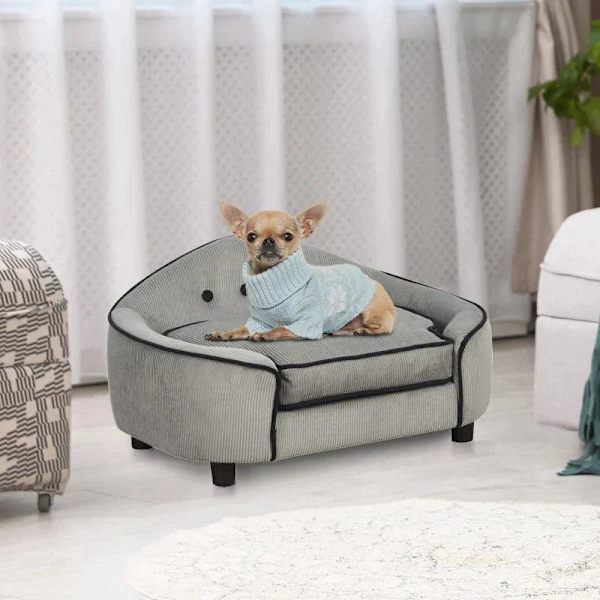 Rootz Dog Sofa - Dog Bed - Dog Mat - Pet Sofa - Natural Wood+Plush - Grey - 66.5 x 45 x 35.5 cm