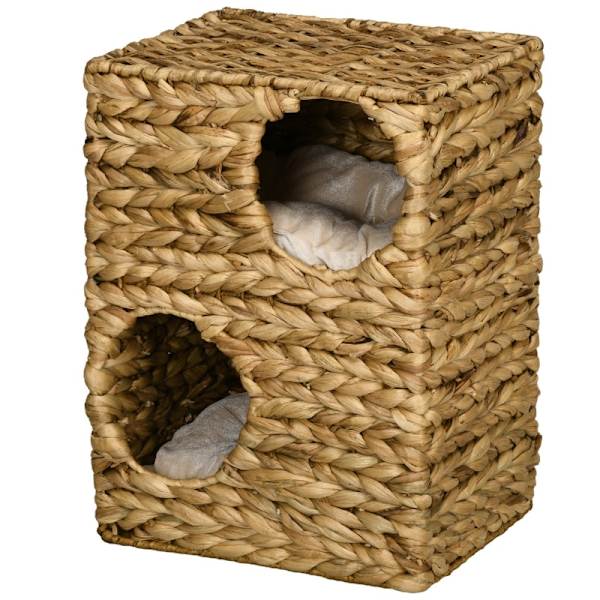 Rootz Cat Tower - Kradsestolpe - Tre-etagers kattelejlighed - Vaskbare puder - Naturlig vandhyacint - 40 cm x 31 cm x 55 cm