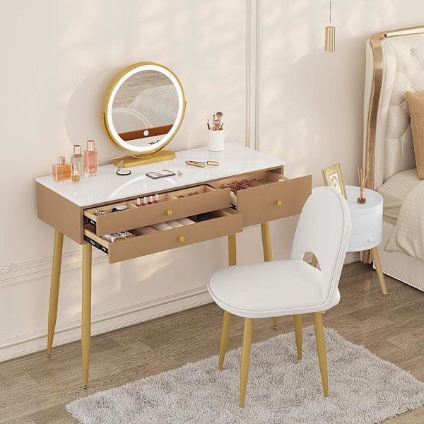 Rootz justerbart toiletbordssæt - Sminkebord - Makeup skrivebord - LED-spejl - Ergonomisk skammel - Rigelig opbevaring - 100 cm x 122 cm x 40 cm