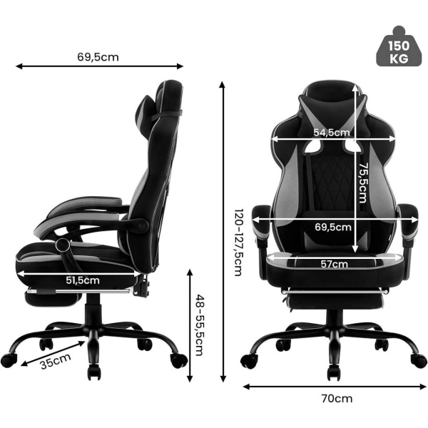 Rootz Ultimate -pelituoli - Työtuoli - Ergonominen tuoli - Taskujousityyny - Hengittävä verkko - Säädettävä mukavuus - 120-127,5 cm x 57 cm x 51,5 cm