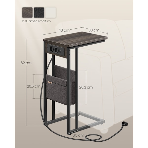 Rootz Modern Sidebord - Endebord - Sengebord - Spånplade - Stål - Polyesterstof - 30cm x 40cm x 62cm
