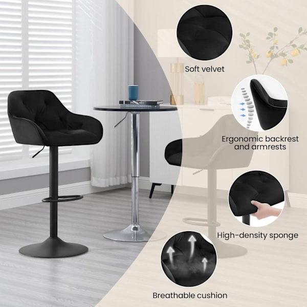 Rootz Velvet Barstol Set - Bänkstolar - Justerbar i höjdled - Material som andas - Ergonomisk design - 37cm x 37,5cm x 62,5-84cm