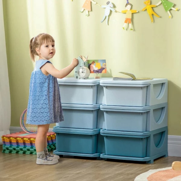 Rootz Kids förvaringslåda - 6 stora lådor - Rundade kanter - Plats för leksaker - Barnrum - Utdragbar design - Himmelsblå+blekblå - 275L x 37W x 56,5H
