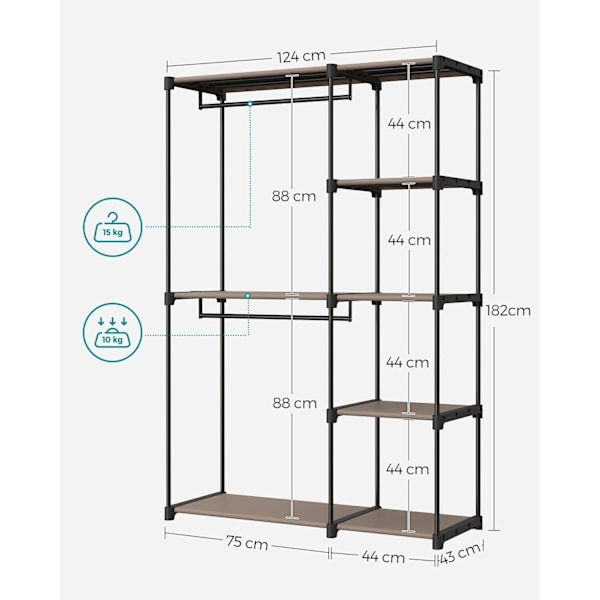 Rootz Taupe 2-delt sæt garderobeorganisering - Skabearrangør - Opbevaringsløsning - Ikke-vævet stof - Metalrør - Plastforbindelser - 43 cm x 124 cm x