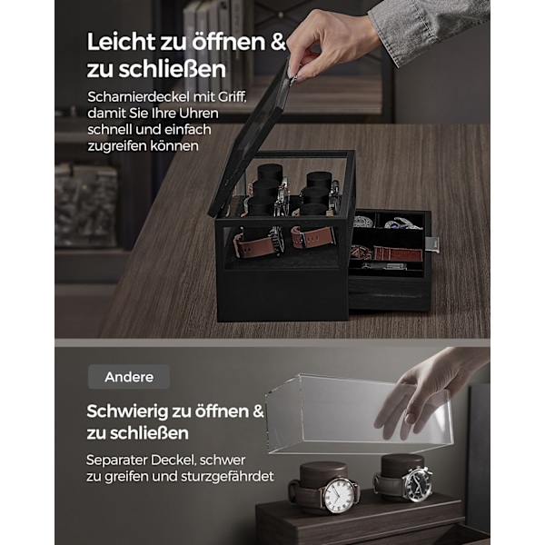 Rootz Watch Box Organizer - Smyckesförvaringsfodral - Displaystativ i trä - Konstruktion i massivt trä - Akryllock - MDF-interiör - 18 cm x 35,2 cm x