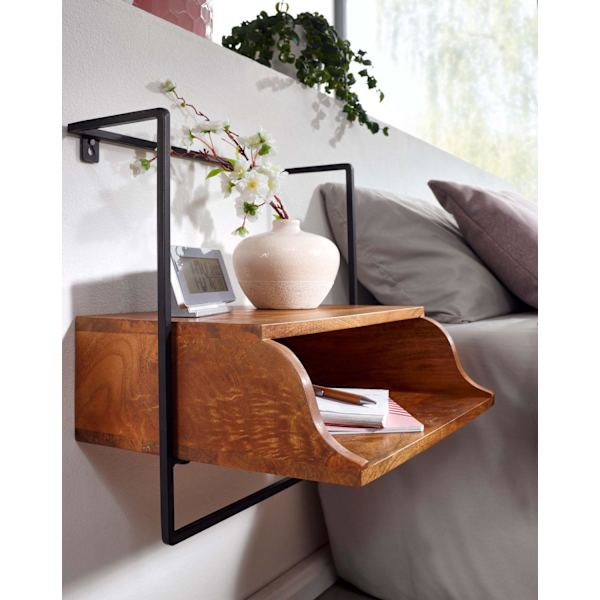 Rootz sengebord til vægmontering 44x45x35 cm sengebord massivt mangotræ - Natbord med hylde - Flydende vægplade til boxmadrasser - Vægkonsol hængende