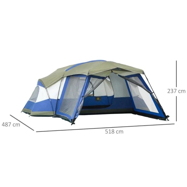 Rootz Campingtelt - 6-8 personers telt - Familietelt - Kuppeltelt - Med forværelse - 2 vinduer - Polyester/glasfiber/stål - Blå/Grøn/Grå - 518 x 487 x