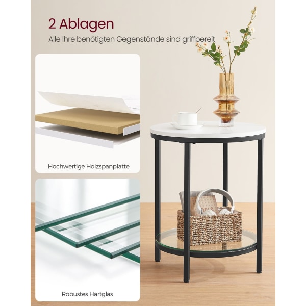 Rootz Marble Look Sidebord - Endebord - Accentbord - Stålramme - Spånplade - Hærdet glas - 45 cm x 55 cm - Letvægts - Robust - Nem montering