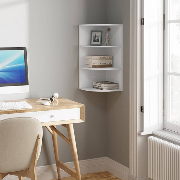 Rootz Hanging Corner Hylde - Hvid vifteformet væghylde - Multi-Tier Opbevaring - E1 Engineered Wood - Pladsbesparende - 30 cm x 60 cm x 30 cm