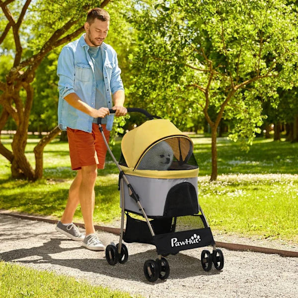 Rootz 2-in-1 Dog Buggy - Taitettava koiravaunu - 1 kori - 1 laukku - Koiran rattaat - Yleispyörän jarru - Katos - Keltainen - 82 cm x 49,5 cm x 98 cm