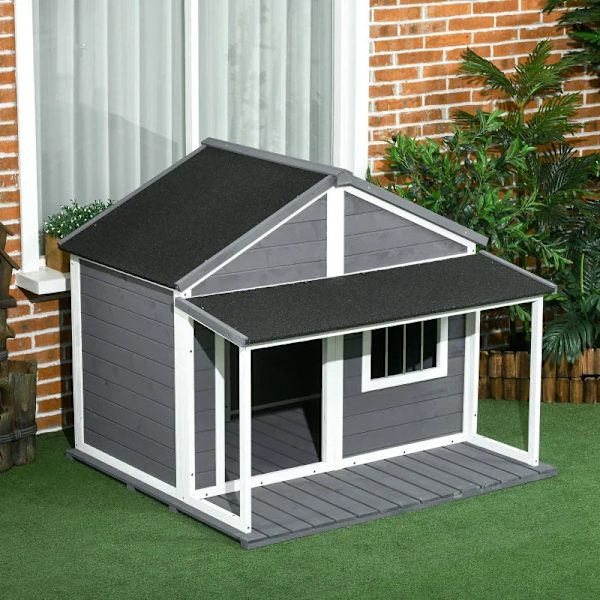 Rootz Dog House - Utomhus hundkennel med veranda - Väderbeständig - Gran Wood - Grå + Vit - 124cm x 112cm x 105cm