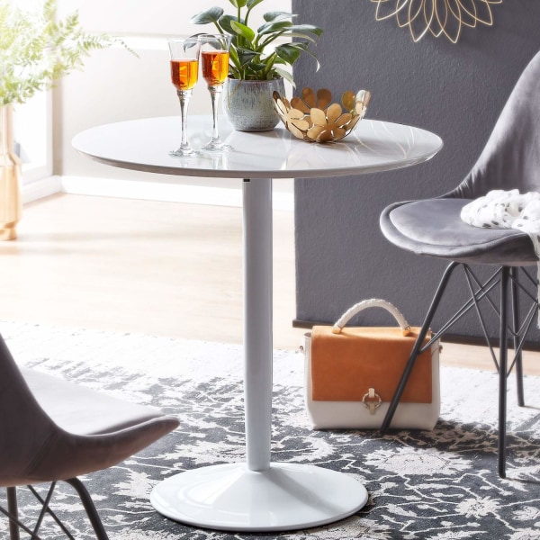 Rootz matbord runt 75x75x74 cm Litet köksbord vitt högblankt - Runt matsalsbord 2 personer - Modernt frukostbord kök - Litet matsalsbord