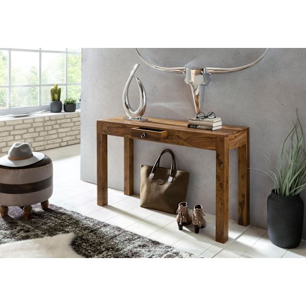 Rootz konsolbord massivt træ sheesham konsol med 1 skuffe skrivebord 120 x 40 cm skænk i landlig stil