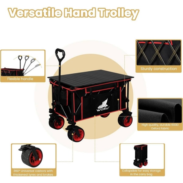 Rootz foldbar håndvogn med bordplade - Bærbar hjælpevogn - Udendørsvogn - Alsidigt 2-i-1-design - Terrænhjul - Holdbar konstruktion - 92 cm x 97 cm x