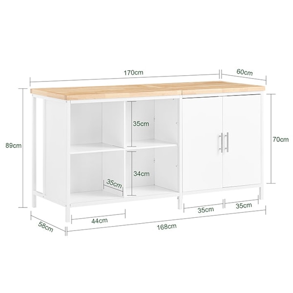 Rootz Kitchen Island Opbevaringsskab - Spisebuffet - Display Stand - MDF - Metalramme - Gummitræ Bordplade - 170 cm x 89 cm x 60 cm