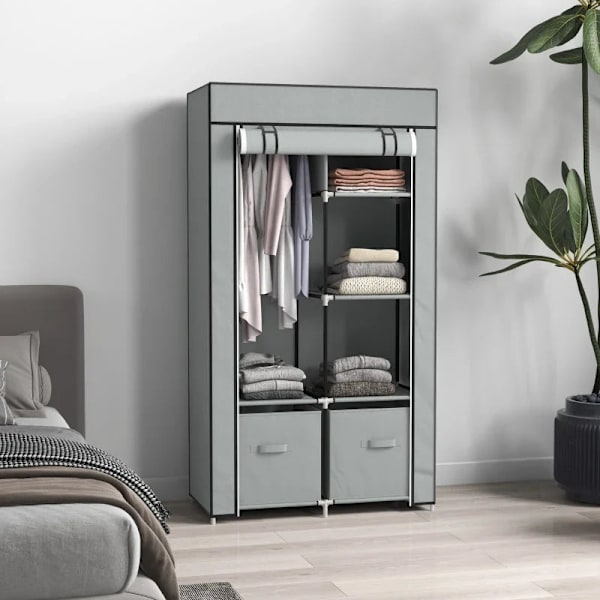 Rootz Garderobe - Stofskab - 1 Tøjstang - 2 Skuffer - Skydeskuffer - Ikke-vævet stof - Grå - 83 x 42,5 x 162,5 cm