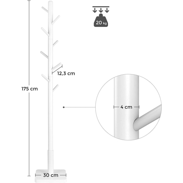 Rootz-naulakko - Vaateteline - Massiivipuu - Puun muotoinen - 8 koukkua - Valkoinen - Kumipuu - 30 x 30 x 175 cm