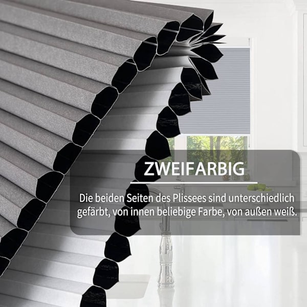 Rootz dubbelplisserad persienn - Aluminiumbelagd - Kedjefri drivning - Bullerreducering - 60-110 cm x 120/130 cm - Mörkgrå-Vit - Lätt att installera