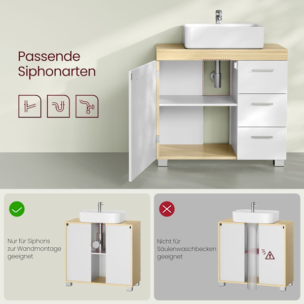 Rootz MDF vask underskab - Badeværelsesvask - Opbevaringsenhed - Cloud White-Natural Beige - Medium Density Fiberboard - 30cm x 70cm x 64cm - 20cm x 1