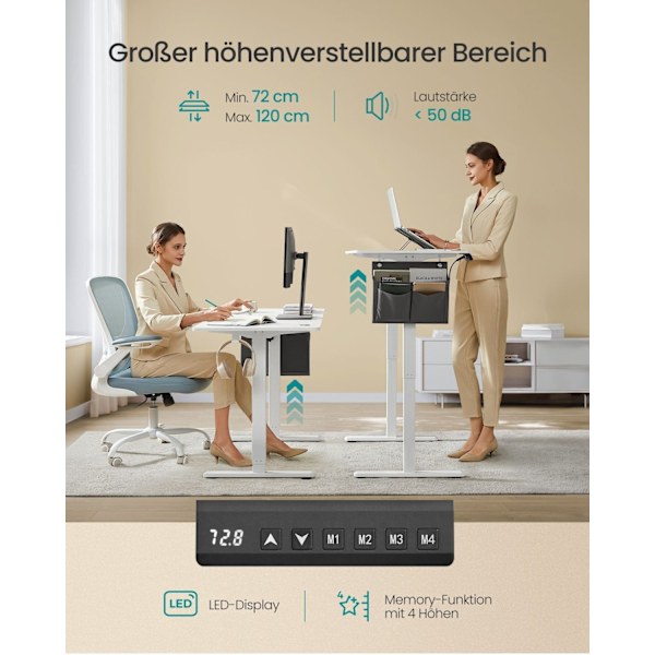 Rootz elektrisk stående skrivebord - Højdejusterbart skrivebord - Sit Stand-skrivebord - Spånplade og stål - 60 cm x 120 cm x 120 cm - Sky hvid
