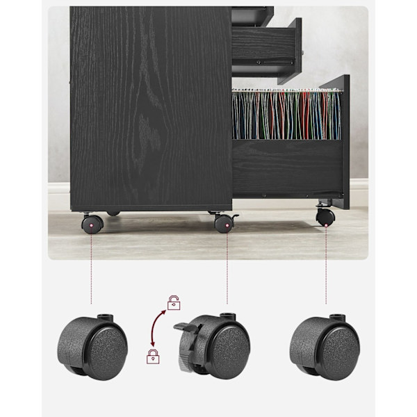 Rootz Rolling Container - Säilytyskärry - Järjestäjä - Lastulevy ja metalli - 40 cm x 80 cm x 66 cm - Musta puunsyypinnalla - Kevyt - Helppo koota - S