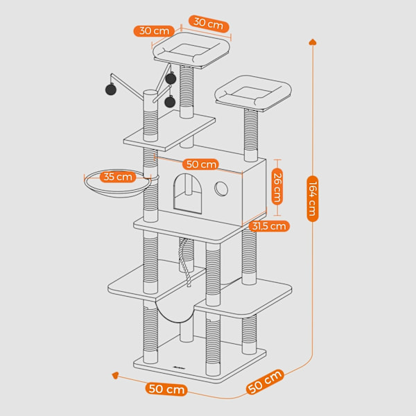 Rootz XXL Cat Tree - Cat Scratching Post - Scratch Pole With Cave - Stability & Security - 50 cm x 50 cm x 164 cm