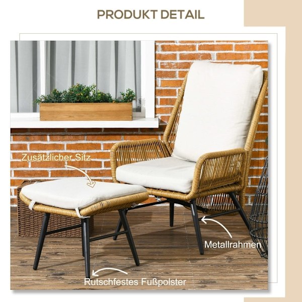 Rootz Polyrattan Havestole og skammelsæt - Udendørsmøbler - Terrassesæder - Justerbart ryglæn - Vejrbestandigt - Skridsikre fødder - 67W x 83D x 94H c