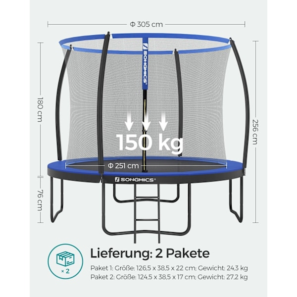 Rootz studsmatta - Studsutrustning - Familjekul - Galvaniserat stål - 150 kg Lastkapacitet - 76 cm höjd - 64 fjädrar - 2,4 m x 2,4 m