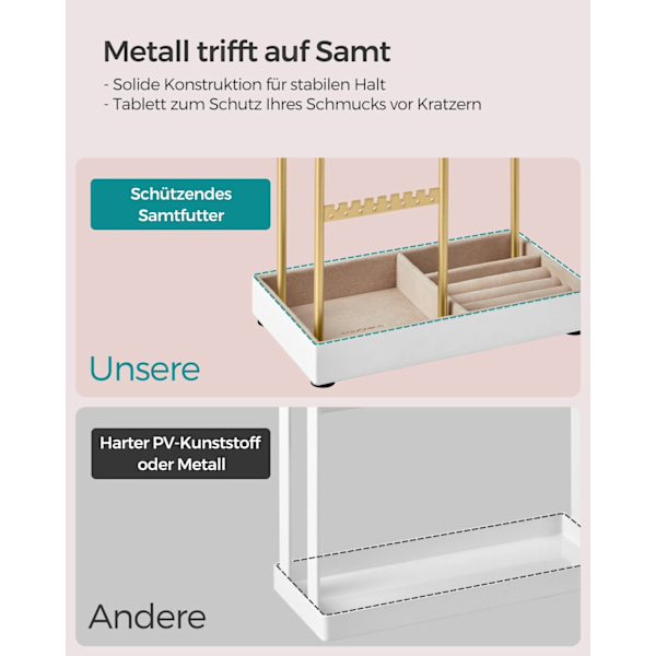 Rootz smyckesställ - Örhängehållare - Halsbandsorganisator - Metallram - Sammetsfoder - 11,5 cm x 19,6 cm x 30,8 cm