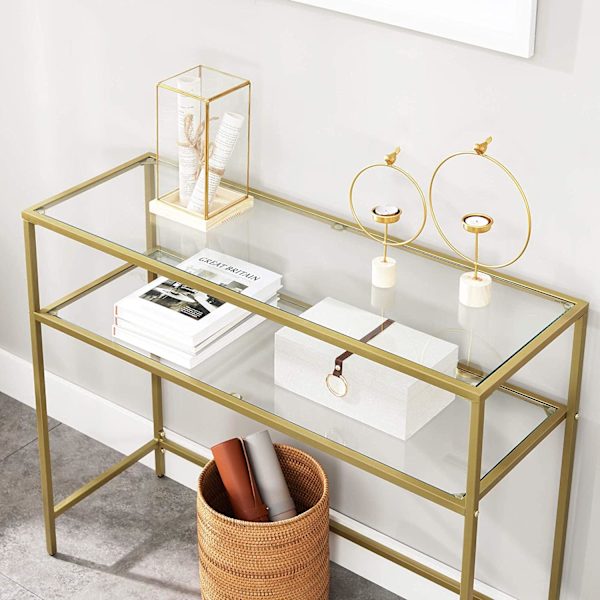 Rootz Konsolbord - Sidebord - 2 niveauer - Hærdet glas - Metalstel - Justerbare ben - Guld - 100 x 35 x 80 cm