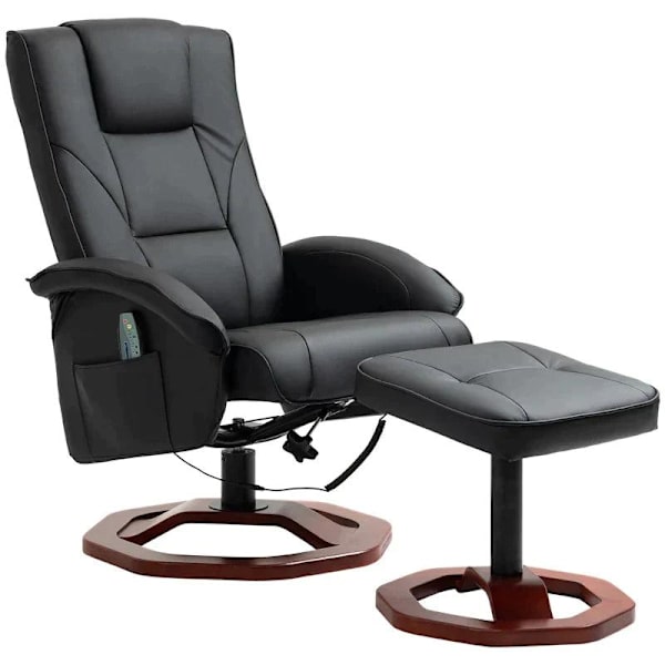 Rootz Massagestol - Afslapningsstol - Med fodskammel - 10 massagepunkter - Liggefunktion - Roterende sæde - Sort - 73 x 83 x 106cm