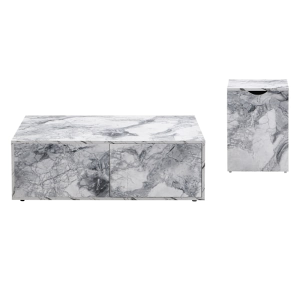 Rootz soffbordsset i marmormönster - Soffbord - Accentbord - Mångsidig design med förvaring - 100x33,5x70cm & 32x32x50cm