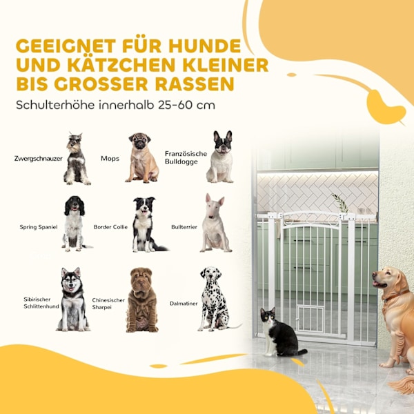 Rootz Justerbar Pet Gate - Stair Gate - Dog Gate - Secure Locking - 76-104W x 106H CM - Inkluderer kattedør