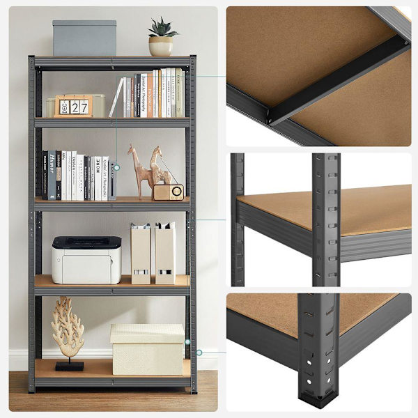 Rootz opbevaringsstativ - opbevaringshylder - kraftige reoler - 5 niveauer opbevaringshylder - metalopbevaringshylder - grå - 180 x 90 x 40 cm