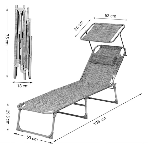 Rootz Solstol - Nackstöd - Soltak - Solskydd - Ryggstöd Justerbart - Fällbart - Grå - Aluminium - 55 x 193 x 31 cm