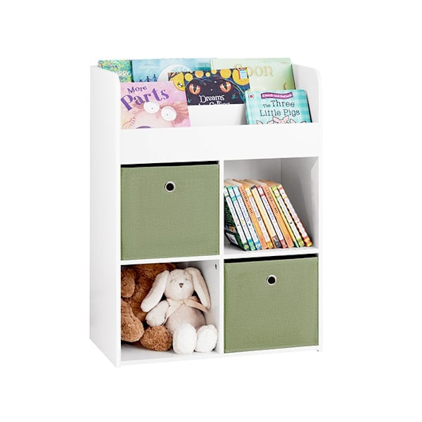Rootz børnebogreol med 2 stofæsker - Legetøjshylde - Opbevaringsstativ - MDF-konstruktion - Væg sikker vippelås - Pladsbesparende design - 60 cm x 36
