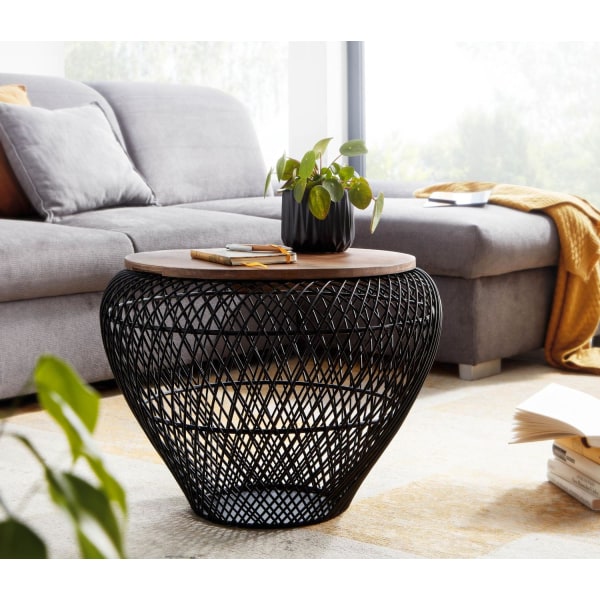 Rootz soffbord mango massivt trä metall 60x60x45 cm svart runt med förvaringsutrymme - Design vardagsrumsbord flätat bord modernt - Avslutsbord soffa