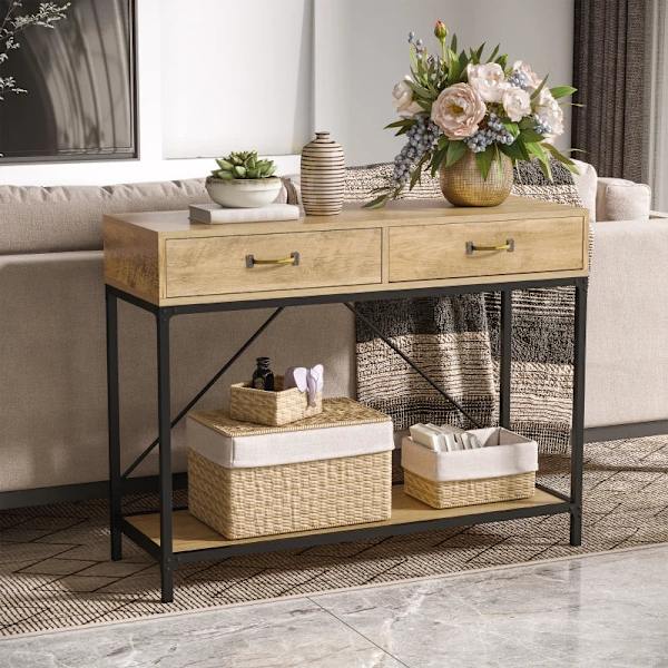 Rootz Konsolbord - Entrébord - Sidobord - 2 lådor - Nedre hylla - Vintage - Metall - Spånskiva - Brun + Svart - 100 x 35 x 76,5 cm