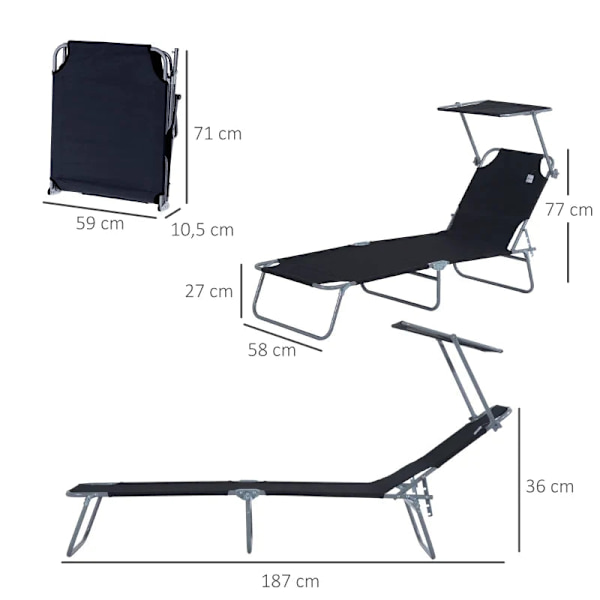 Rootz Solseng - Haveseng - Liggestol Strand - Sammenklappelig liggestol - Med solafskærmning - Sort - 187 x 58 x 36 cm
