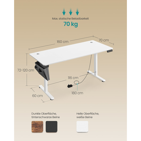 Rootz Elektrisk stående skrivebord - Højdejusterbart skrivebord - Sit Stand Skrivebord - Spånplade - Stålramme - Oxford klud - 60cm x 160cm x (72-120)