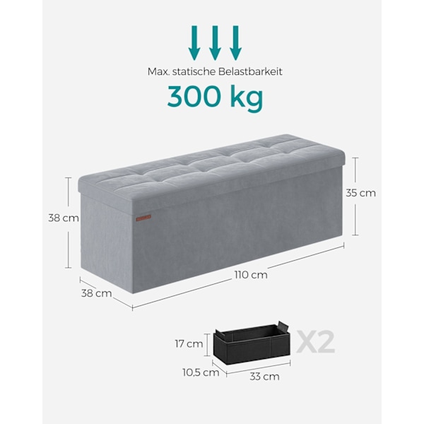 Rootz Dove Grey Velvet Sædekiste - Opbevaring osmannisk - Polstret bænk - MDF-konstruktion - 38 cm x 110 cm x 38 cm - Letvægts - Rummelig - Robust