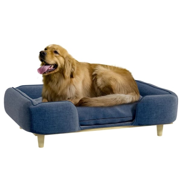 Rootz Hundesofa - Anti-slip pads - Pet Sofa - Nem rengøring - Pet Seng - Aftagelig - Vaskbar pude - Polyester - Naturlig + Mørkeblå - 96L x 66W x 24H