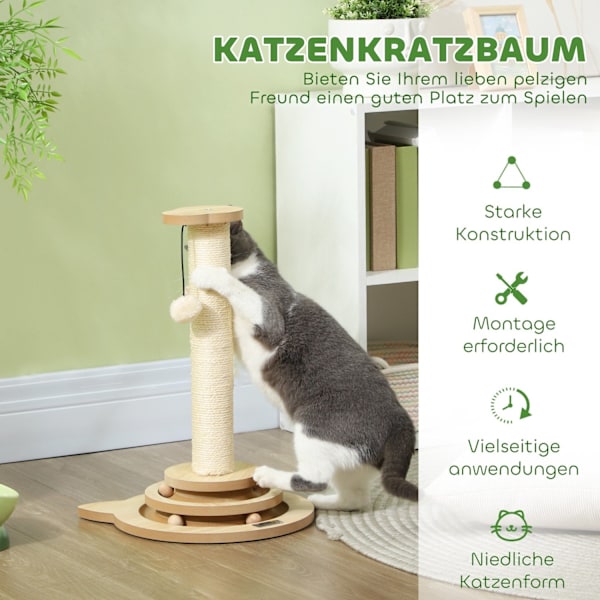 Rootz Cat Scratching Post - Sisal Scratch Tower - Play Ball Track - Underholdende 4 -i -1 design - 32 cm x 32 cm x 49 cm