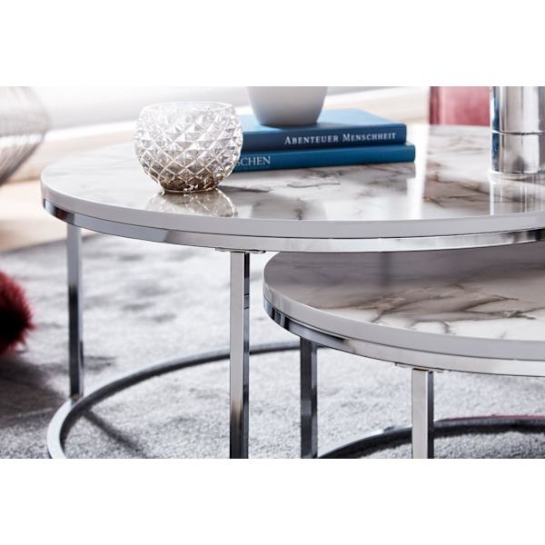 Rootz soffbordsset om 2 soffbord i vit silvermarmorlook runt modernt - Sidobord 2-delat metall - Runda vardagsrumsbord - Designa häckbord